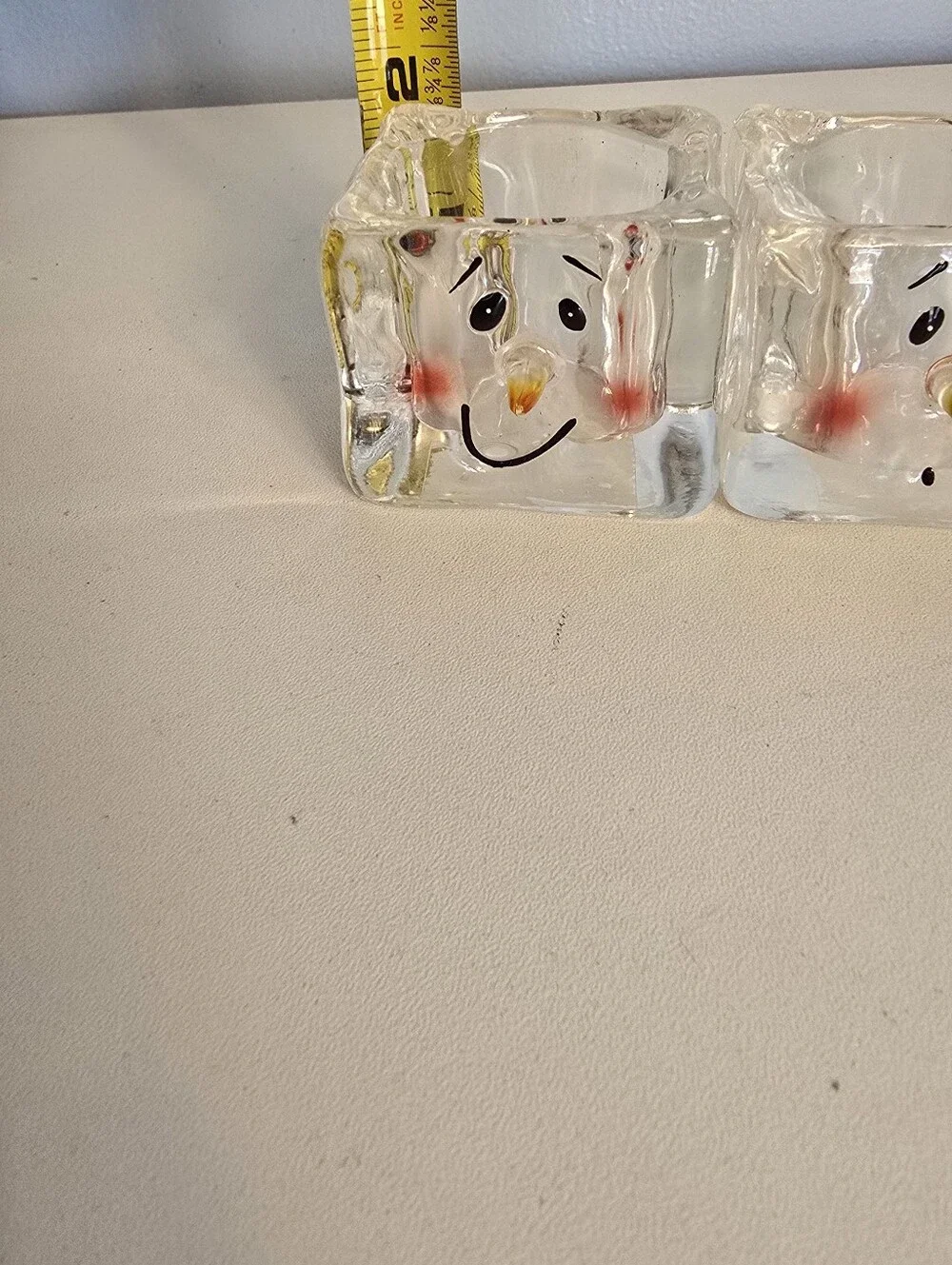 2 Department Dept. 56 Clear Glass Ice Cube Snowman Faces Candle Holders